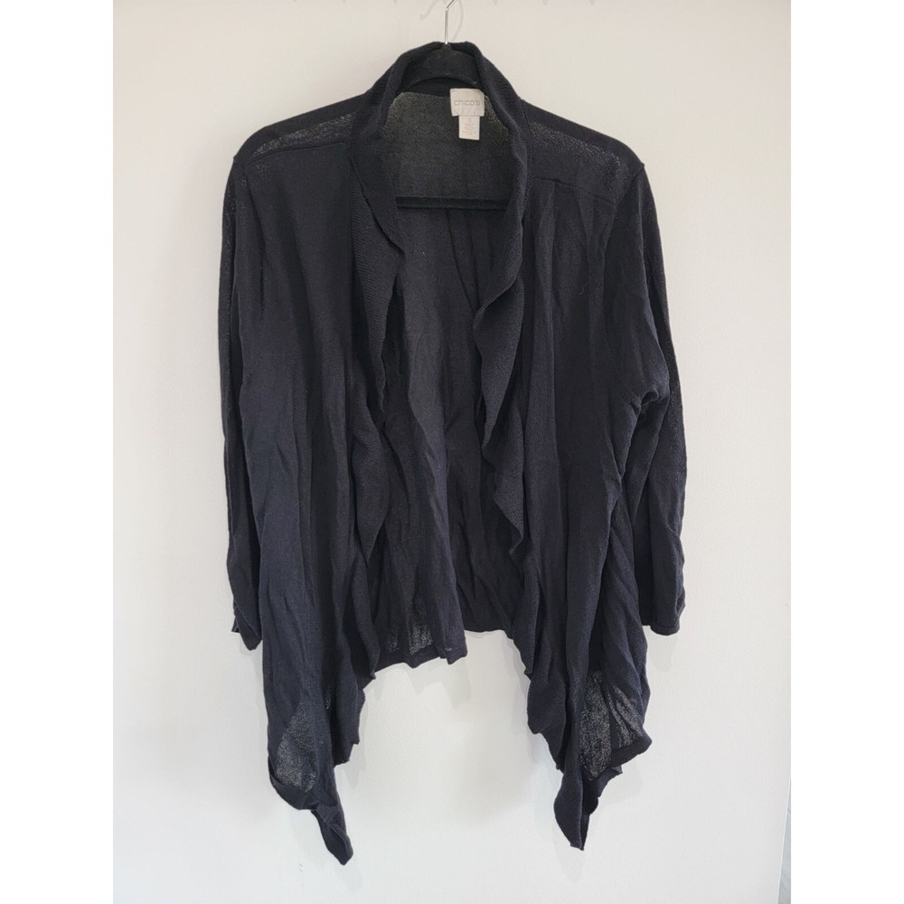 Chicos‎ Black Open Front Waterfall Cardigan Sweater Lightweight Knit Size 3